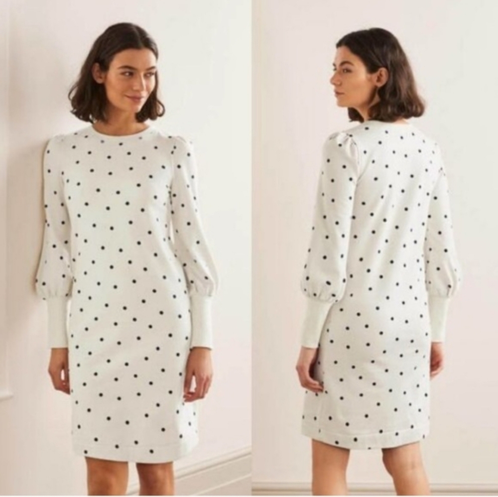Boden Ramona Sweatshirt Dress Long Sleeve Ivory Navy Blue Polka Dot US 8